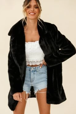Tahoe Faux Fur Notch Lapel Coat Black -Fashion women's clothing 14136b01 black 191030sl1772