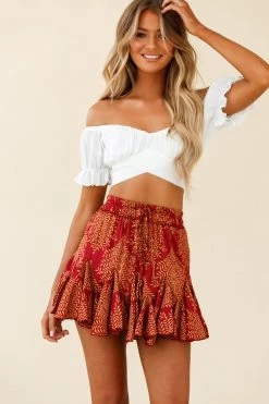 Robyn Flounce Mini Skirt Leaf Pattern Dark Red -Fashion women's clothing 14254B25 S RED 5