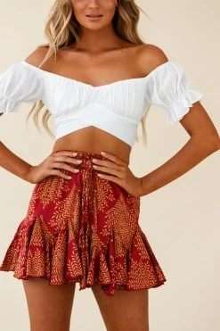 Robyn Flounce Mini Skirt Leaf Pattern Dark Red -Fashion women's clothing 14254B25 S RED 6