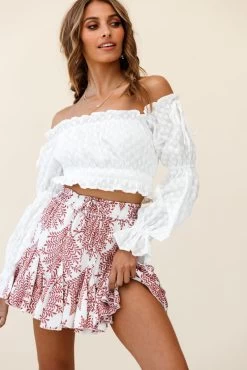 Robyn Flounce Mini Skirt Leaf Pattern White -Fashion women's clothing 14254B25 S WHITE 3