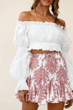 Robyn Flounce Mini Skirt Leaf Pattern White -Fashion women's clothing 14254B25 S WHITE 6