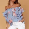 Miranda Off-Shoulder Ruffle Sleeve Top Floral Print Blue