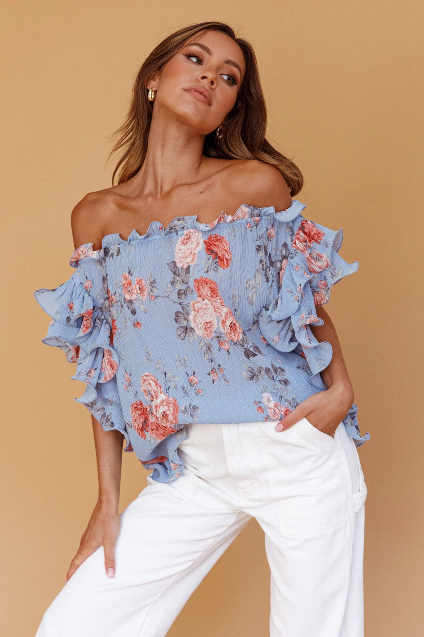 Miranda Off-Shoulder Ruffle Sleeve Top Floral Print Blue 1 Miranda Off-Shoulder Ruffle Sleeve Top Floral Print Blue