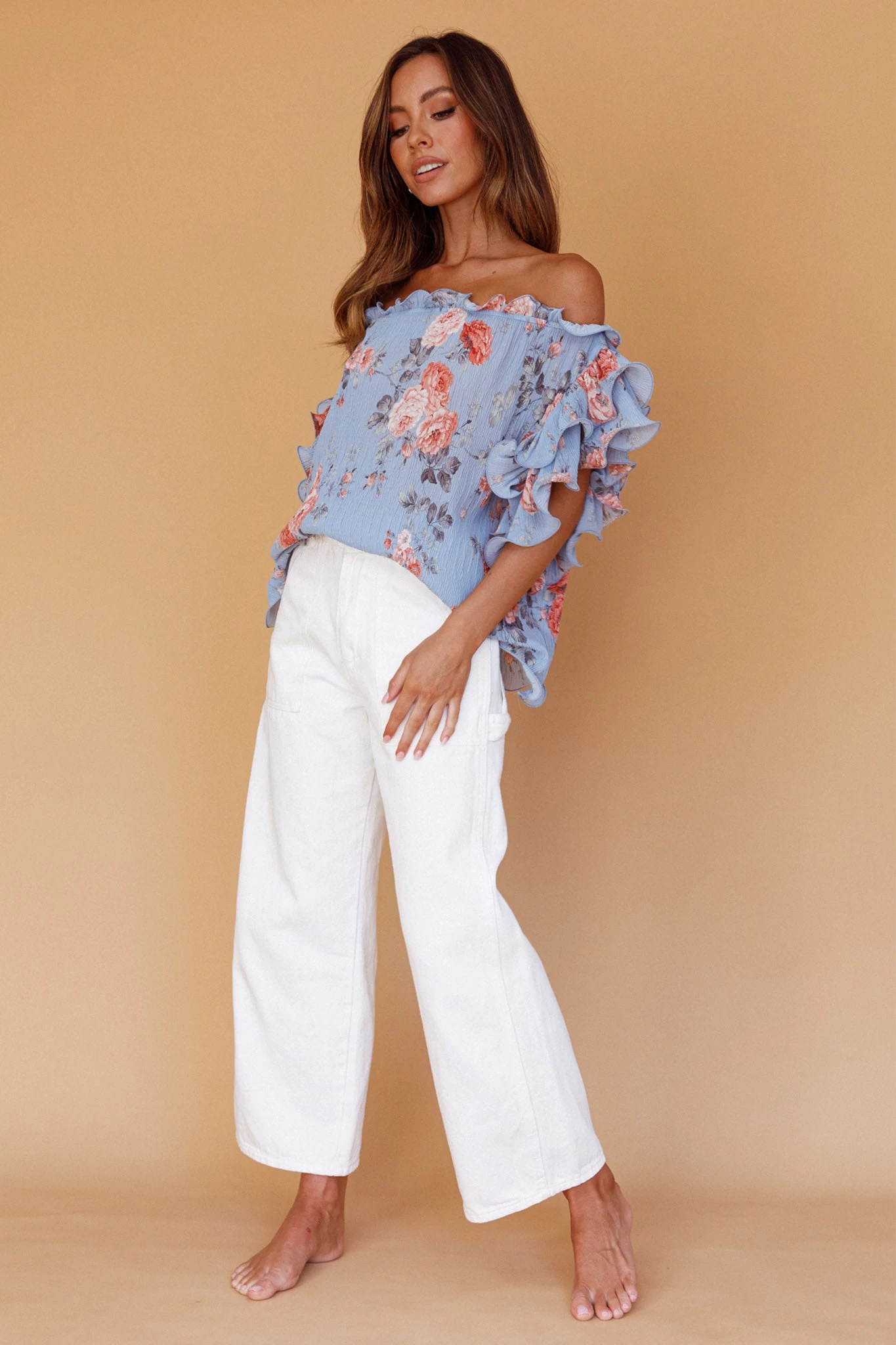 Miranda Off-Shoulder Ruffle Sleeve Top Floral Print Blue 3 Miranda Off-Shoulder Ruffle Sleeve Top Floral Print Blue - Image 3