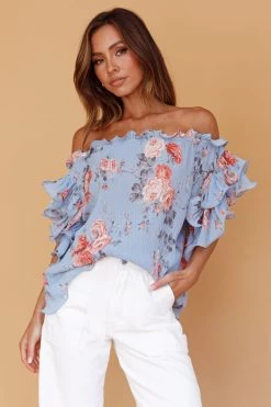Miranda Off-Shoulder Ruffle Sleeve Top Floral Print Blue 8 Miranda Off-Shoulder Ruffle Sleeve Top Floral Print Blue -Fashion women's clothing 14338B01 20BLUE 4