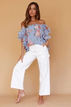 Miranda Off-Shoulder Ruffle Sleeve Top Floral Print Blue 9 Miranda Off-Shoulder Ruffle Sleeve Top Floral Print Blue -Fashion women's clothing 14338B01 20BLUE 5