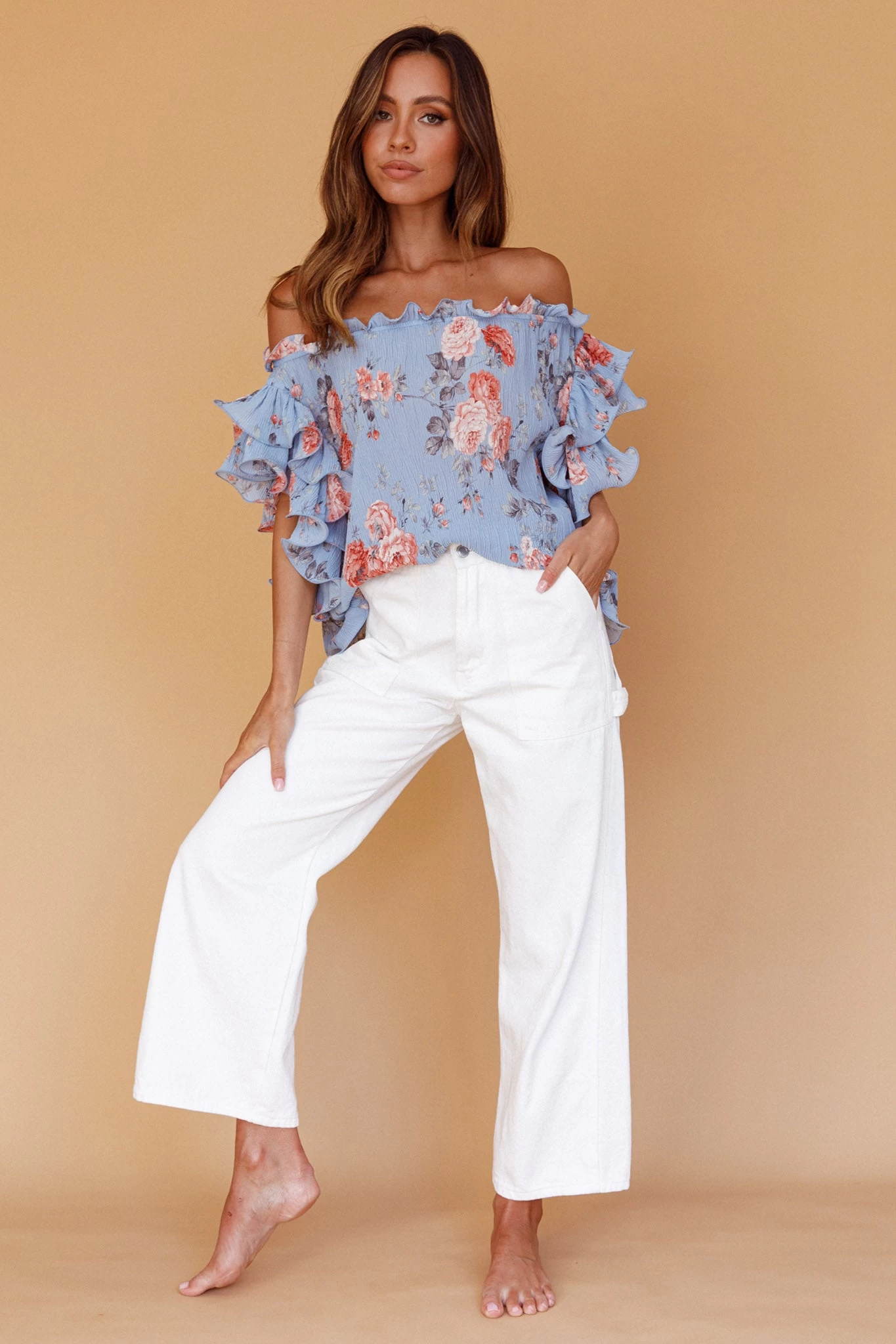 Miranda Off-Shoulder Ruffle Sleeve Top Floral Print Blue 5 Miranda Off-Shoulder Ruffle Sleeve Top Floral Print Blue - Image 5