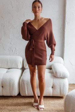 Cameo Long Batwing Sleeve Knit Mini Dress Chocolate -Fashion women's clothing 14462B CHOCOLATE 2