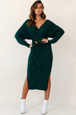 Cameo Batwing Knit Midi Dress Forest Green -Fashion women's clothing 14462b01 forest green 190806sl16958