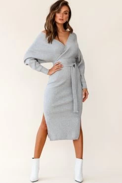 Cameo Batwing Knit Midi Dress Grey -Fashion women's clothing 14462b01 grey 190812sl0396