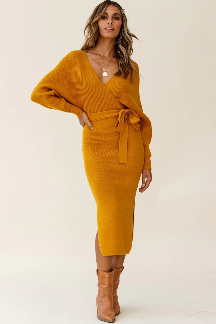 Cameo Batwing Knit Midi Dress Mustard 5 Cameo Batwing Knit Midi Dress Mustard - Image 5