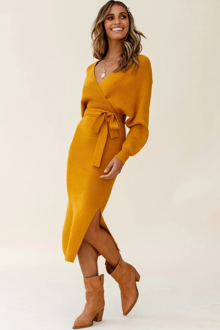 Cameo Batwing Knit Midi Dress Mustard 2 Cameo Batwing Knit Midi Dress Mustard - Image 2