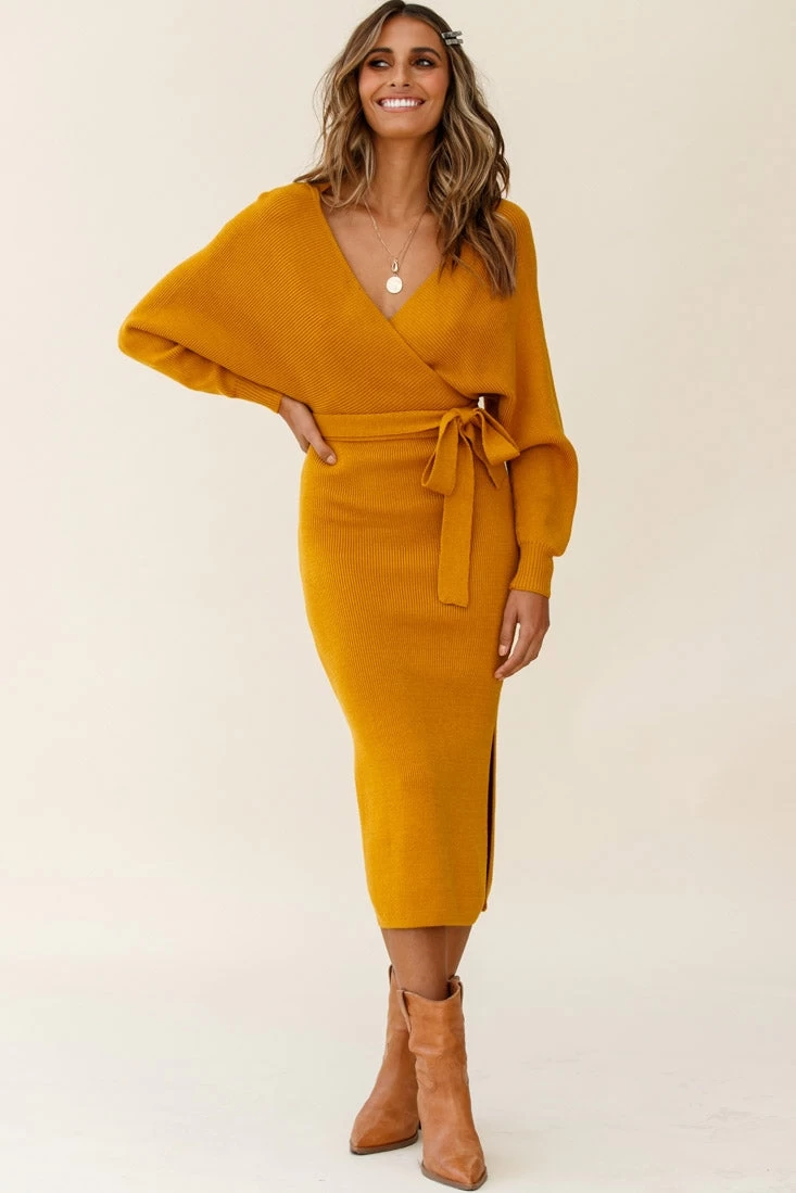 Cameo Batwing Knit Midi Dress Mustard 3 Cameo Batwing Knit Midi Dress Mustard - Image 3