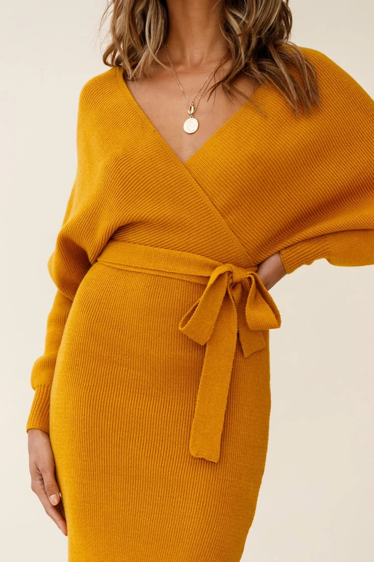 Cameo Batwing Knit Midi Dress Mustard 7 Cameo Batwing Knit Midi Dress Mustard - Image 7
