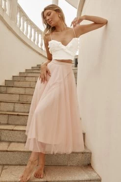 Jasmine Organza Mesh Elasticated Waist Midi Skirt Blush -Fashion women's clothing 14491B01 BABY PINK 4