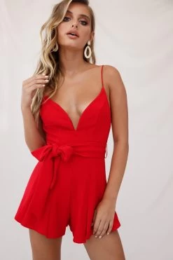 Wembley Spaghetti Strap Pleated Romper Red -Fashion women's clothing 190122sl 2054 62288b red