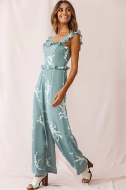 Azure Frill Strap Wide Leg Jumpsuit Sage -Fashion women's clothing 190123 sl12550 62392d sage