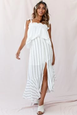 Friday Front Split Maxi Skirt Stripe Print Mustard/Navy -Fashion women's clothing 190123 sl13798 62433b01 mustard navy 27044b whit