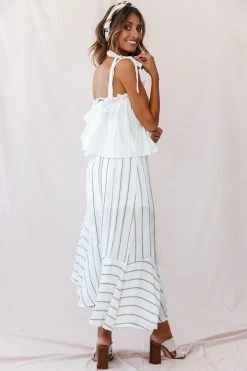 Friday Front Split Maxi Skirt Stripe Print Mustard/Navy -Fashion women's clothing 190123 sl13811 62433b01 mustard navy 27044b whit