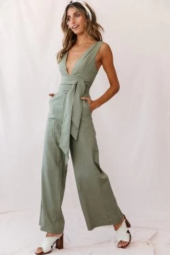 Dylan V-Neckline Wide Leg Jumpsuit Olive -Fashion women's clothing 190123 sl13841 st1696d olive