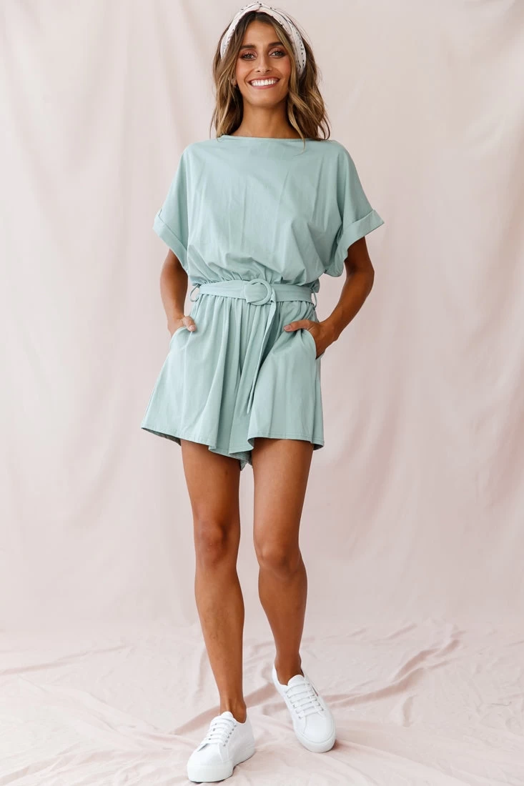 Chelsea Belted T-Shirt Romper Sage 5 Chelsea Belted T-Shirt Romper Sage - Image 5