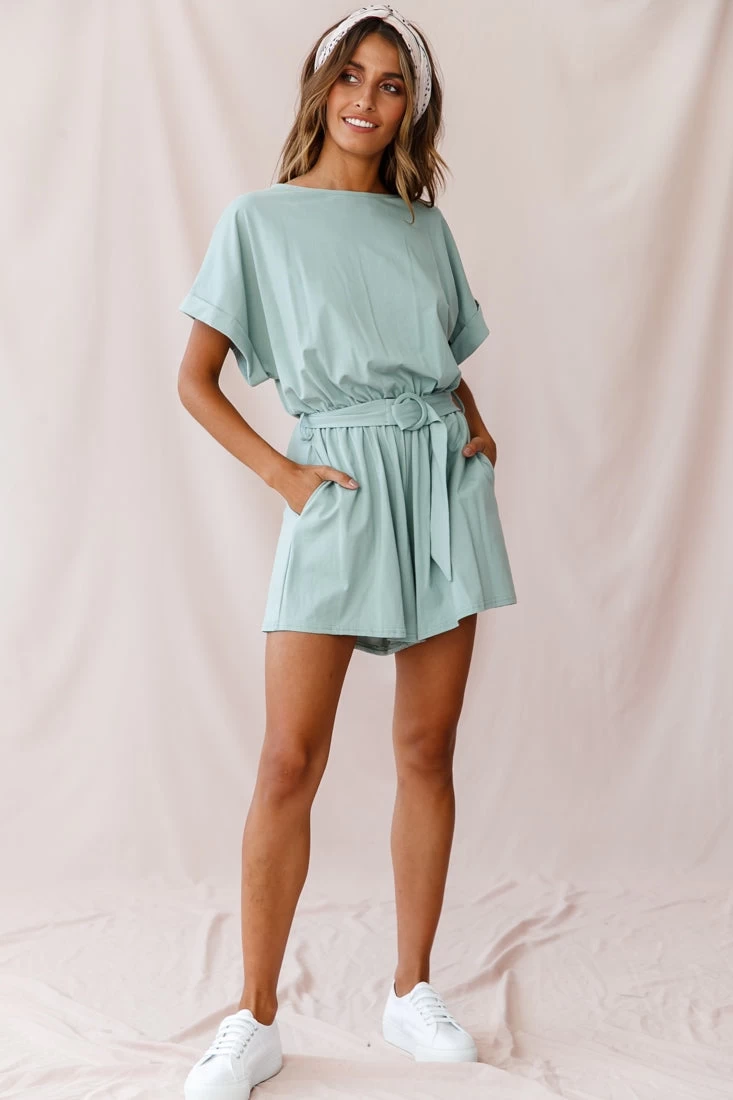 Chelsea Belted T-Shirt Romper Sage 1 Chelsea Belted T-Shirt Romper Sage