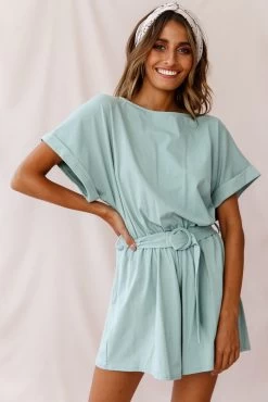 Chelsea Belted T-Shirt Romper Sage 11 Chelsea Belted T-Shirt Romper Sage -Fashion women's clothing 190123 sl14364 27042b sage