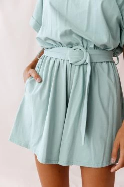 Chelsea Belted T-Shirt Romper Sage 9 Chelsea Belted T-Shirt Romper Sage -Fashion women's clothing 190123 sl14367 27042b sage