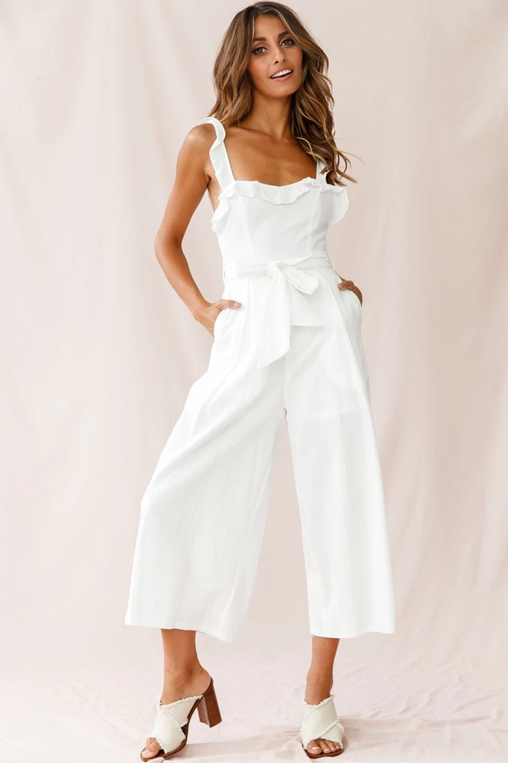 Kaia Ruffle Strap Wide-Leg Capri Jumpsuit White 1 Kaia Ruffle Strap Wide-Leg Capri Jumpsuit White