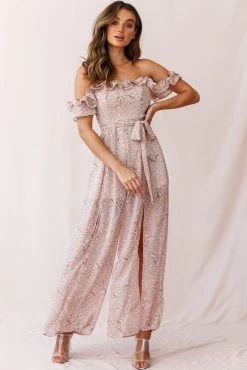 Jazz Bardot Neckline Wide Leg Split Jumpsuit Floral Print Blush -Fashion women's clothing 190219sl 0406 26926d01 blush