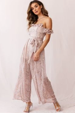 Jazz Bardot Neckline Wide Leg Split Jumpsuit Floral Print Blush -Fashion women's clothing 190219sl 0410 26926d01 blush