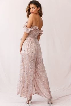 Jazz Bardot Neckline Wide Leg Split Jumpsuit Floral Print Blush -Fashion women's clothing 190219sl 0415 26926d01 blush