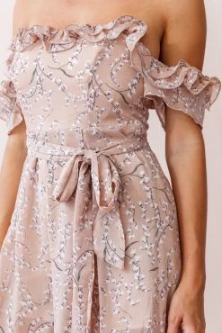 Jazz Bardot Neckline Wide Leg Split Jumpsuit Floral Print Blush -Fashion women's clothing 190219sl 0417 26926d01 blush