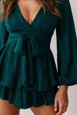 Maddox Fit & Flare Long Sleeve Romper Forest Green -Fashion women's clothing 190219sl 1023 t0374d04 forest green