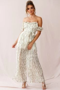 Jazz Bardot Neckline Wide Leg Split Jumpsuit Floral Print White -Fashion women's clothing 190219sl 1534 26926d01 white