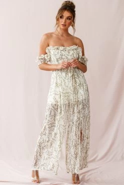 Jazz Bardot Neckline Wide Leg Split Jumpsuit Floral Print White -Fashion women's clothing 190219sl 1537 26926d01 white