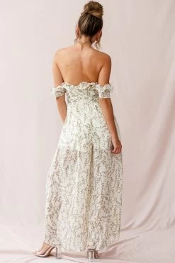 Jazz Bardot Neckline Wide Leg Split Jumpsuit Floral Print White -Fashion women's clothing 190219sl 1543 26926d01 white