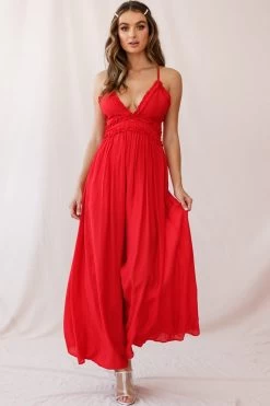 Laney Wide Leg Ruffle Detail Jumpsuit Red -Fashion women's clothing 190227sl0687 62157bk05 red