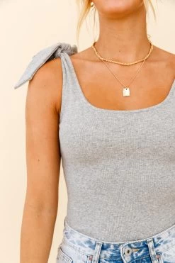 Can't Stop Me Bow Shoulder Bodysuit Grey Marle -Fashion women's clothing 25589B GREY MARLE 4