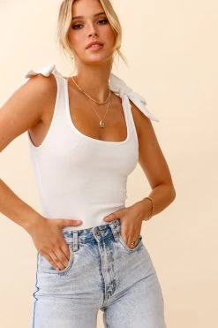 Can't Stop Me Bow Shoulder Bodysuit White -Fashion women's clothing 25589B WHITE 7