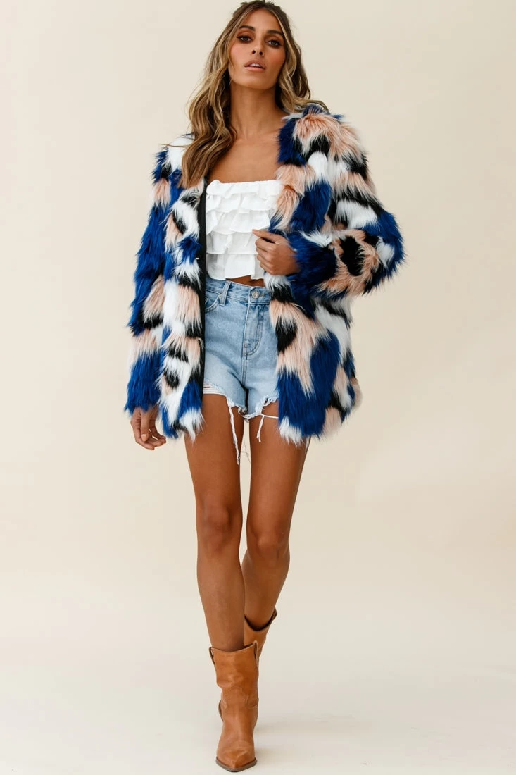Ronan Faux Fur Multi-Print Coat Blue 3 Ronan Faux Fur Multi-Print Coat Blue - Image 3