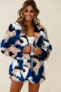 Ronan Faux Fur Multi-Print Coat Blue 20 Ronan Faux Fur Multi-Print Coat Blue -Fashion women's clothing 25995b blue coat st2401b01 white top 190910sl0892