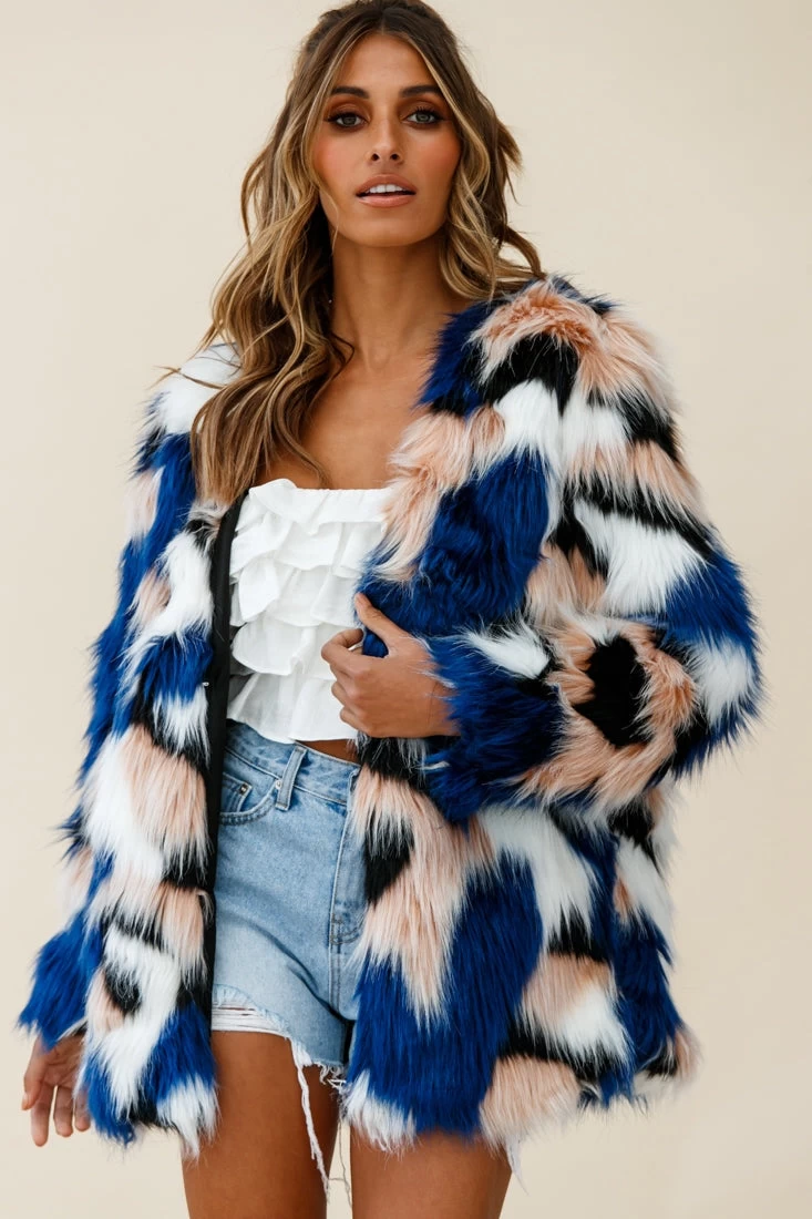 Ronan Faux Fur Multi-Print Coat Blue 9 Ronan Faux Fur Multi-Print Coat Blue - Image 9