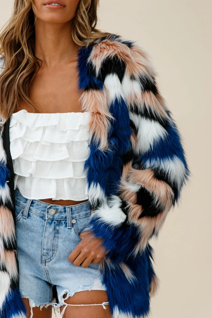 Ronan Faux Fur Multi-Print Coat Blue 5 Ronan Faux Fur Multi-Print Coat Blue - Image 5