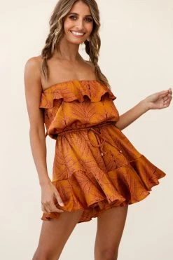 Pasadena Bandeau Tie-Back Romper Leaf Pattern Mustard 9 Pasadena Bandeau Tie-Back Romper Leaf Pattern Mustard -Fashion women's clothing 26810D01 MUSTARD 3