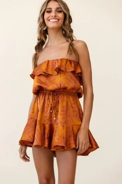 Pasadena Bandeau Tie-Back Romper Leaf Pattern Mustard 10 Pasadena Bandeau Tie-Back Romper Leaf Pattern Mustard -Fashion women's clothing 26810D01 MUSTARD 4