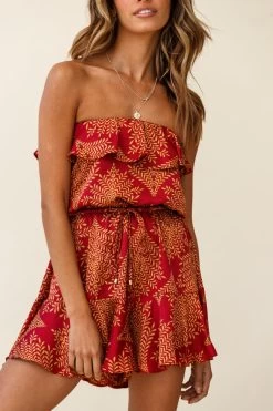 Pasadena Bandeau Tie-Back Romper Leaf Pattern Red -Fashion women's clothing 26810D01 RED 7