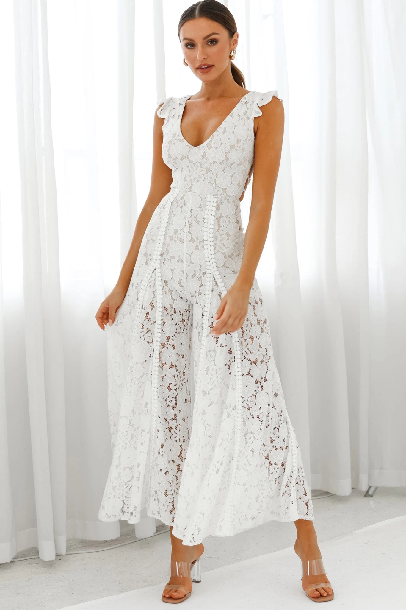 Take Note Laced-Back Frill Shoulder Lace Jumpsuit White 1 Take Note Laced-Back Frill Shoulder Lace Jumpsuit White