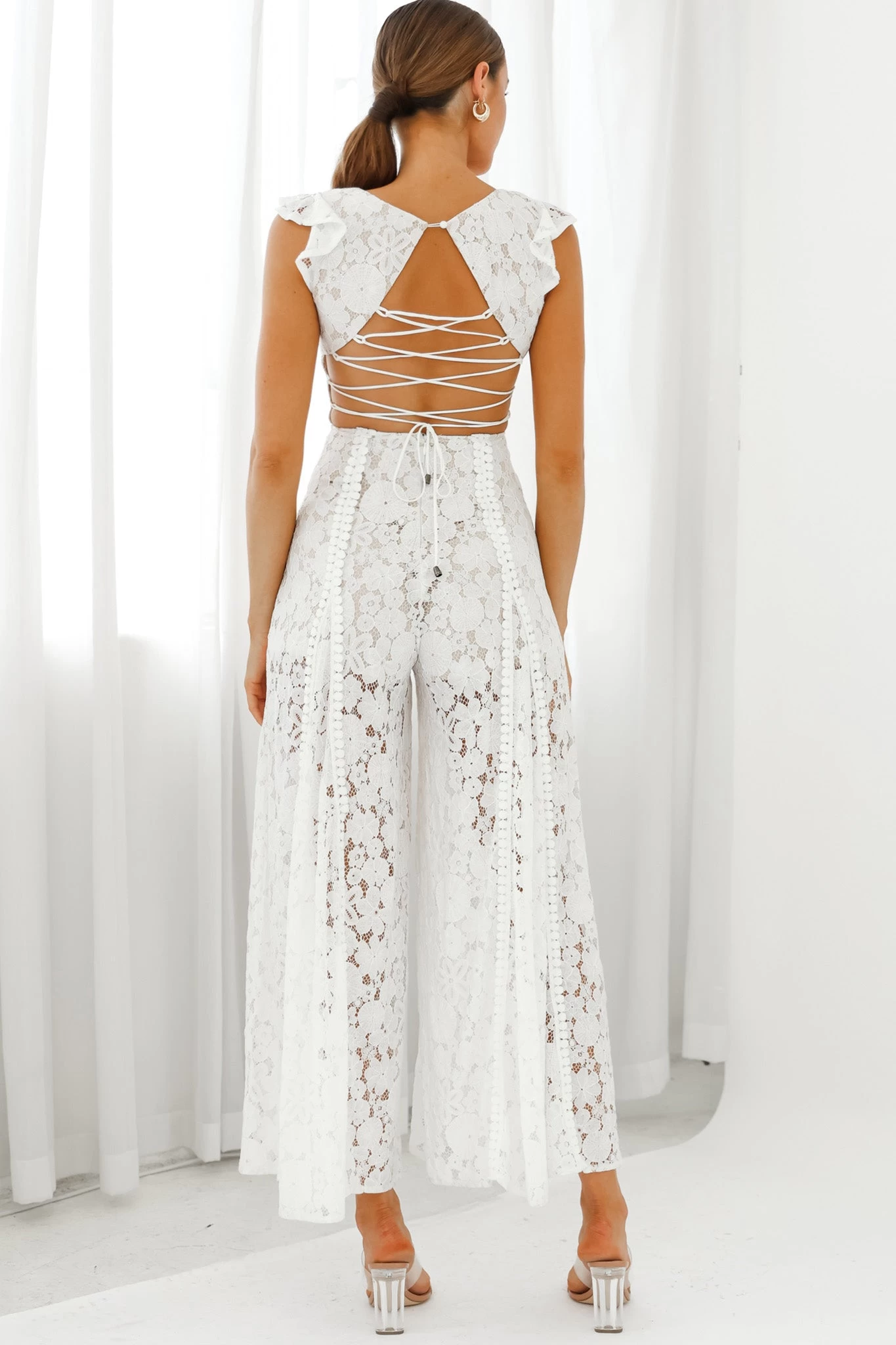 Take Note Laced-Back Frill Shoulder Lace Jumpsuit White 2 Take Note Laced-Back Frill Shoulder Lace Jumpsuit White - Image 2
