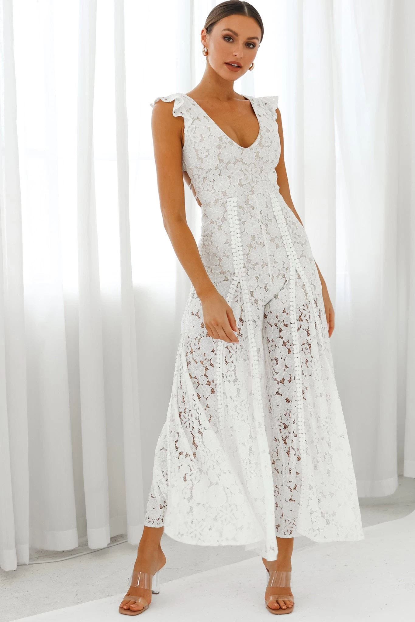 Take Note Laced-Back Frill Shoulder Lace Jumpsuit White 5 Take Note Laced-Back Frill Shoulder Lace Jumpsuit White - Image 5